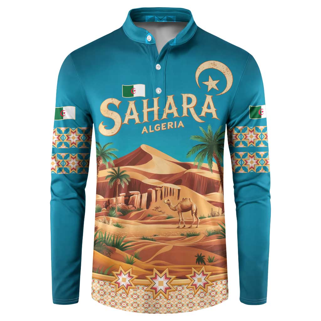 Sahara Algeria Button Sweatshirt with Desert Camel Landscape and Islamic Motif Design