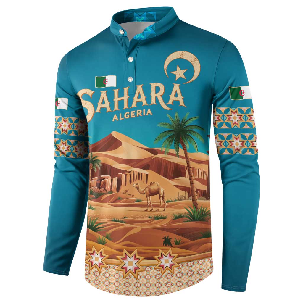 Sahara Algeria Button Sweatshirt with Desert Camel Landscape and Islamic Motif Design