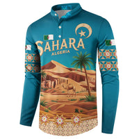 Sahara Algeria Button Sweatshirt with Desert Camel Landscape and Islamic Motif Design
