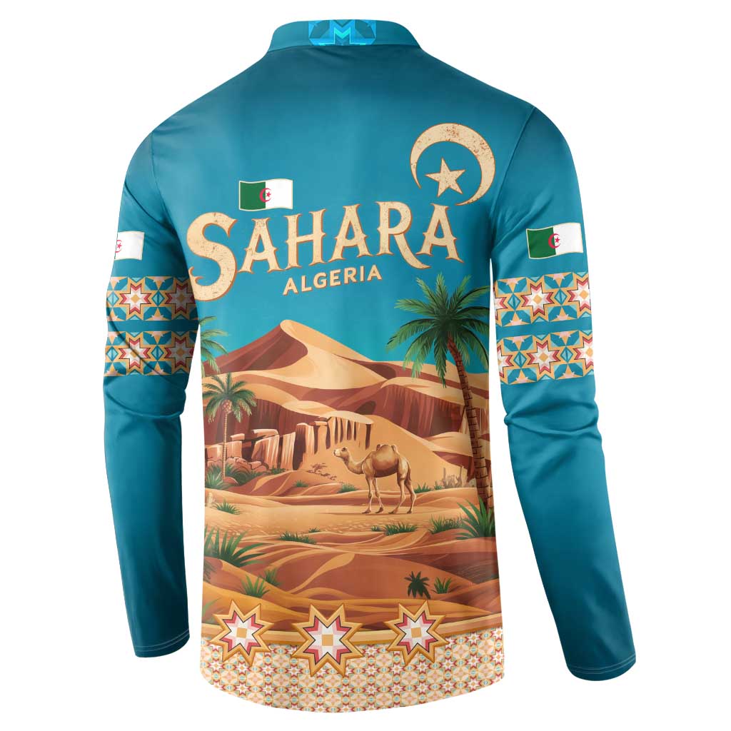 Sahara Algeria Button Sweatshirt with Desert Camel Landscape and Islamic Motif Design