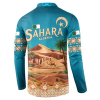 Sahara Algeria Button Sweatshirt with Desert Camel Landscape and Islamic Motif Design