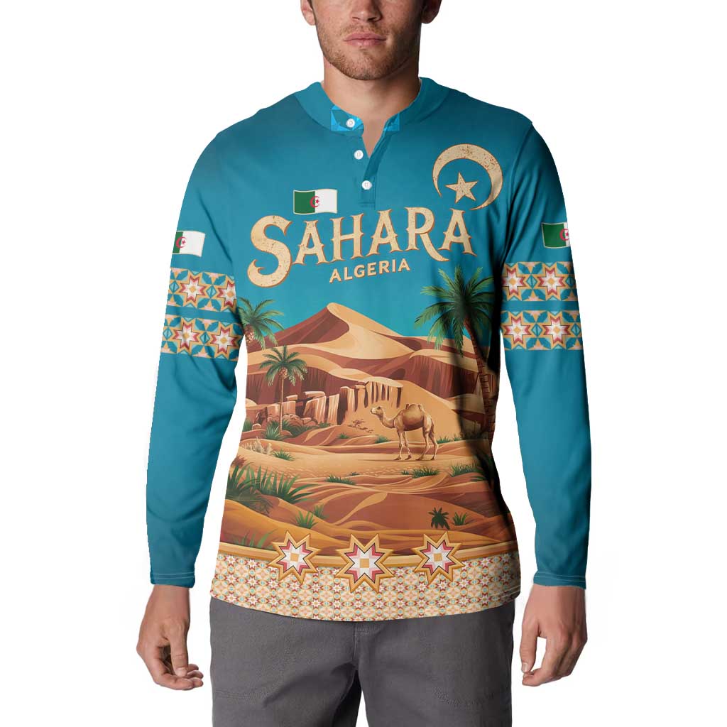 Sahara Algeria Button Sweatshirt with Desert Camel Landscape and Islamic Motif Design