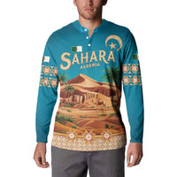Sahara Algeria Button Sweatshirt with Desert Camel Landscape and Islamic Motif Design