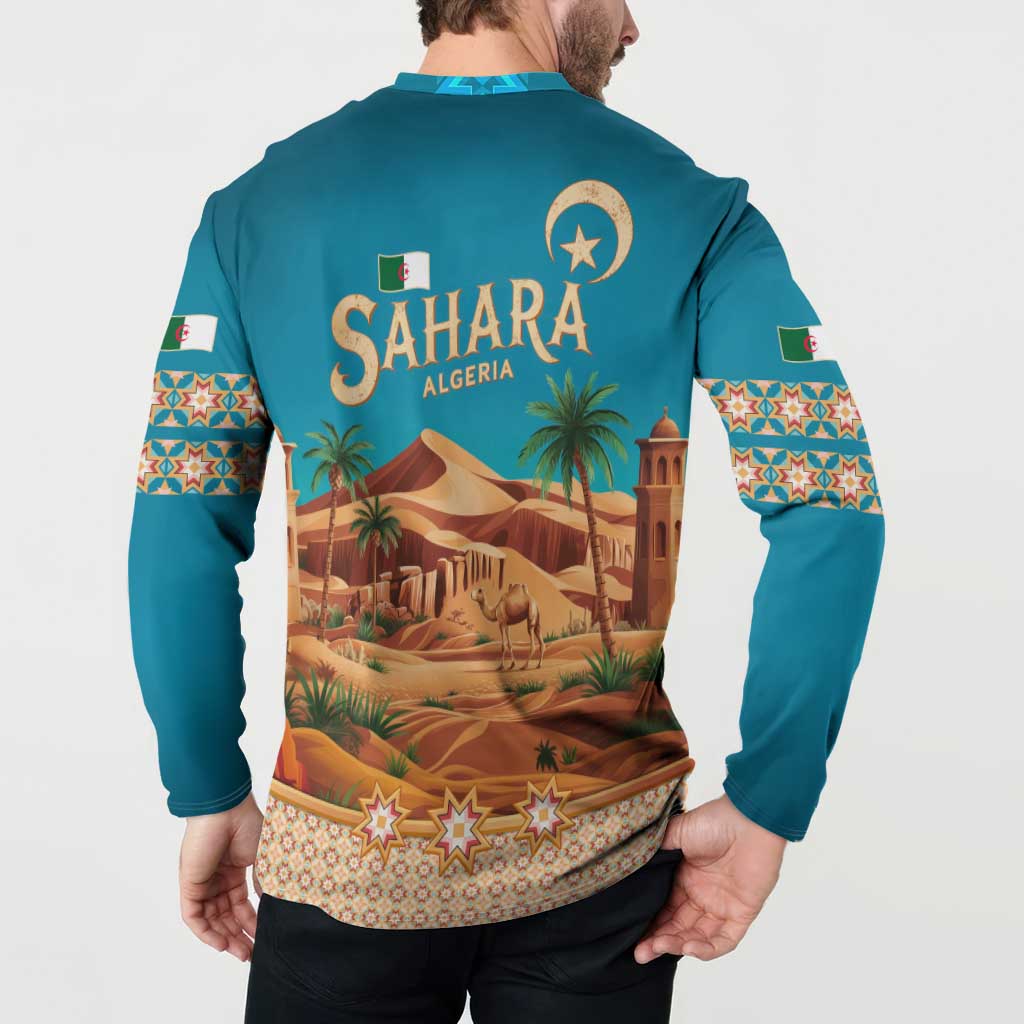 Sahara Algeria Button Sweatshirt with Desert Camel Landscape and Islamic Motif Design