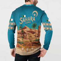 Sahara Algeria Button Sweatshirt with Desert Camel Landscape and Islamic Motif Design