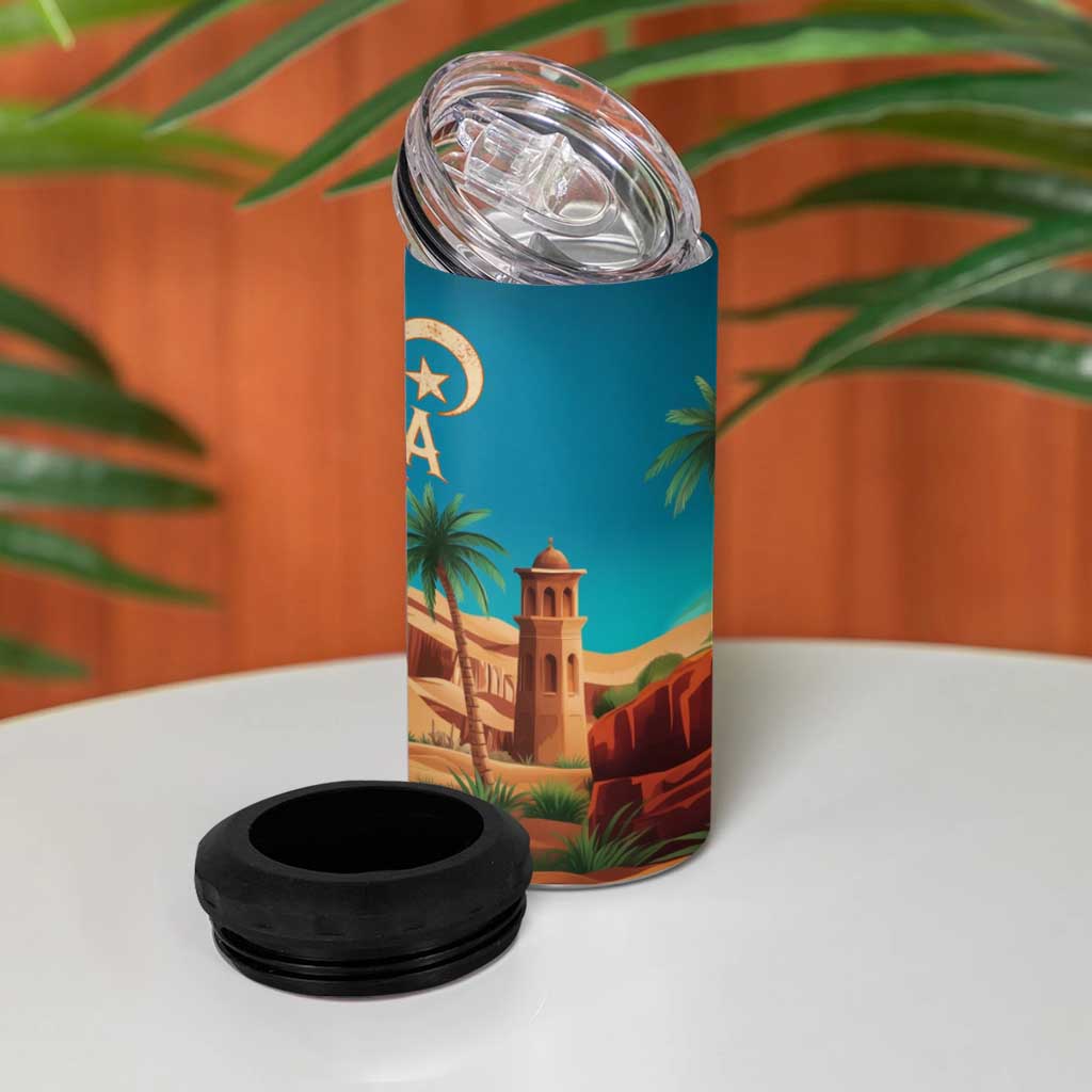 Sahara Algeria 4 in 1 Can Cooler Tumbler with Desert Camel Landscape and Islamic Motif Design
