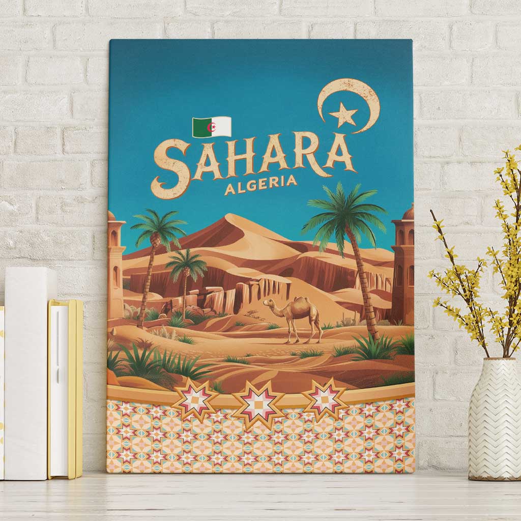 Sahara Algeria Canvas Wall Art with Desert Camel Landscape and Islamic Motif Design
