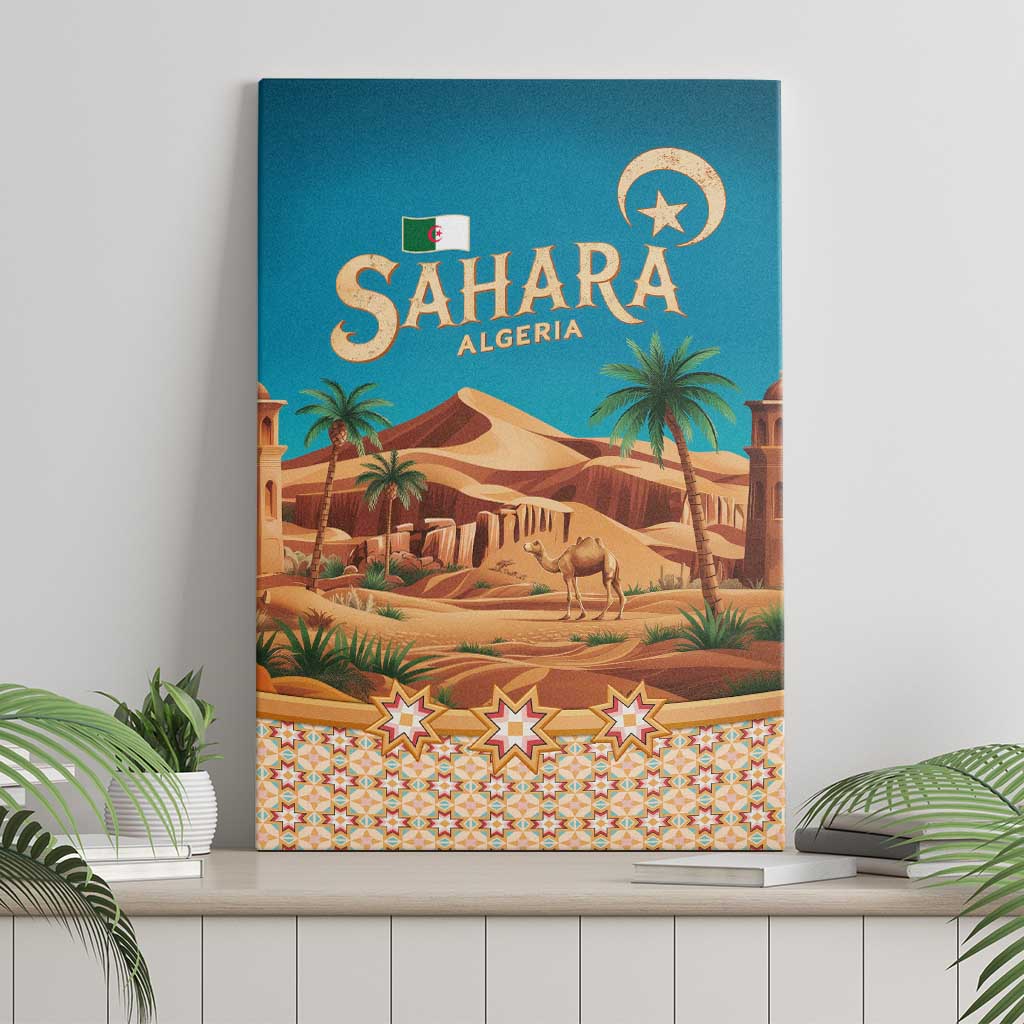 Sahara Algeria Canvas Wall Art with Desert Camel Landscape and Islamic Motif Design