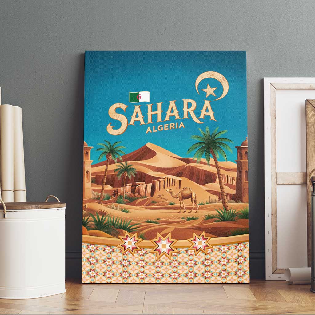 Sahara Algeria Canvas Wall Art with Desert Camel Landscape and Islamic Motif Design