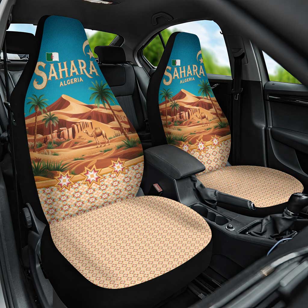 Sahara Algeria Car Seat Cover with Desert Camel Landscape and Islamic Motif Design