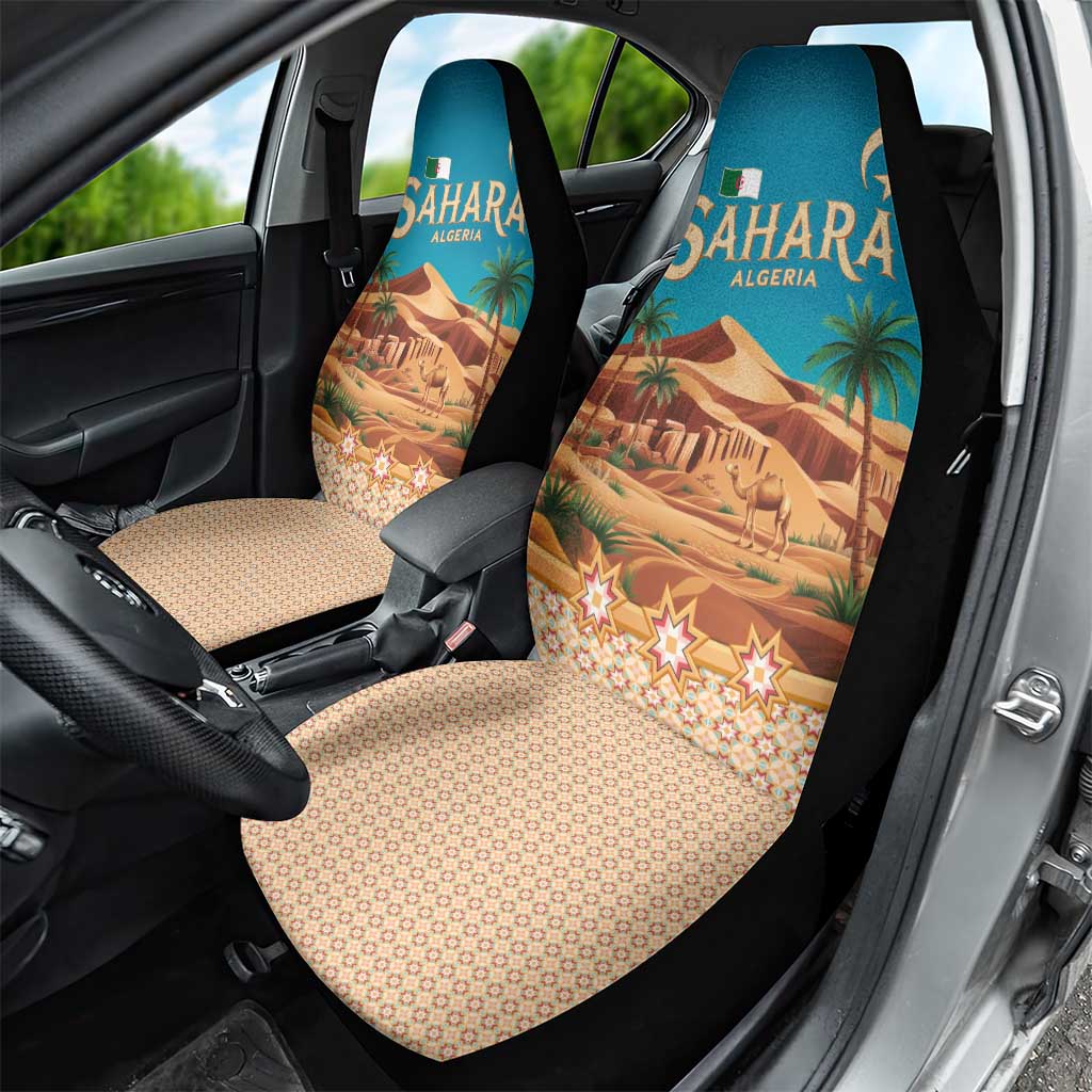 Sahara Algeria Car Seat Cover with Desert Camel Landscape and Islamic Motif Design