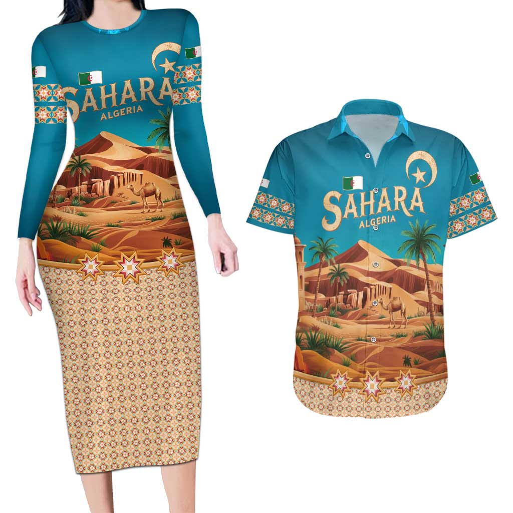 Sahara Algeria Couples Matching Long Sleeve Bodycon Dress and Hawaiian Shirt with Desert Camel Landscape and Islamic Motif Design