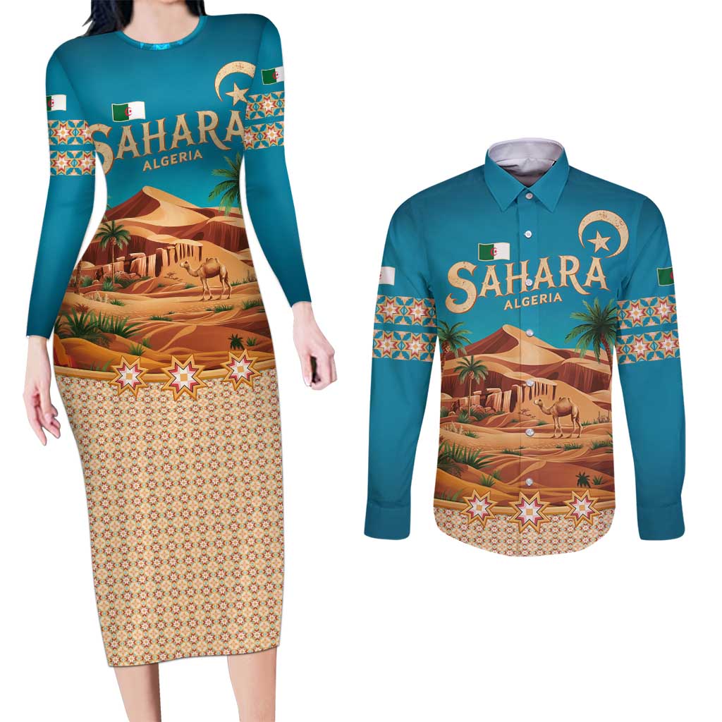 Sahara Algeria Couples Matching Long Sleeve Bodycon Dress and Long Sleeve Button Shirt with Desert Camel Landscape and Islamic Motif Design