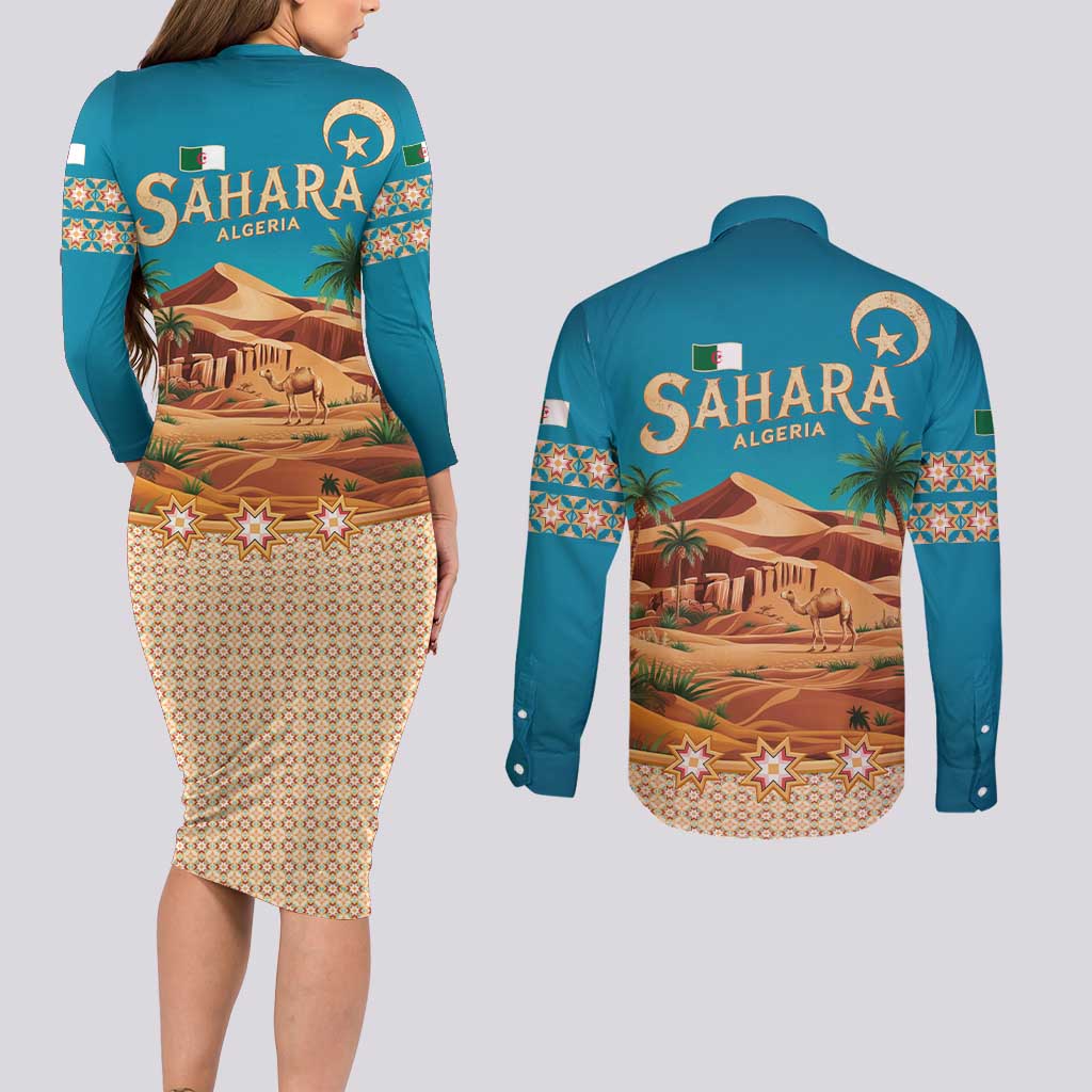 Sahara Algeria Couples Matching Long Sleeve Bodycon Dress and Long Sleeve Button Shirt with Desert Camel Landscape and Islamic Motif Design