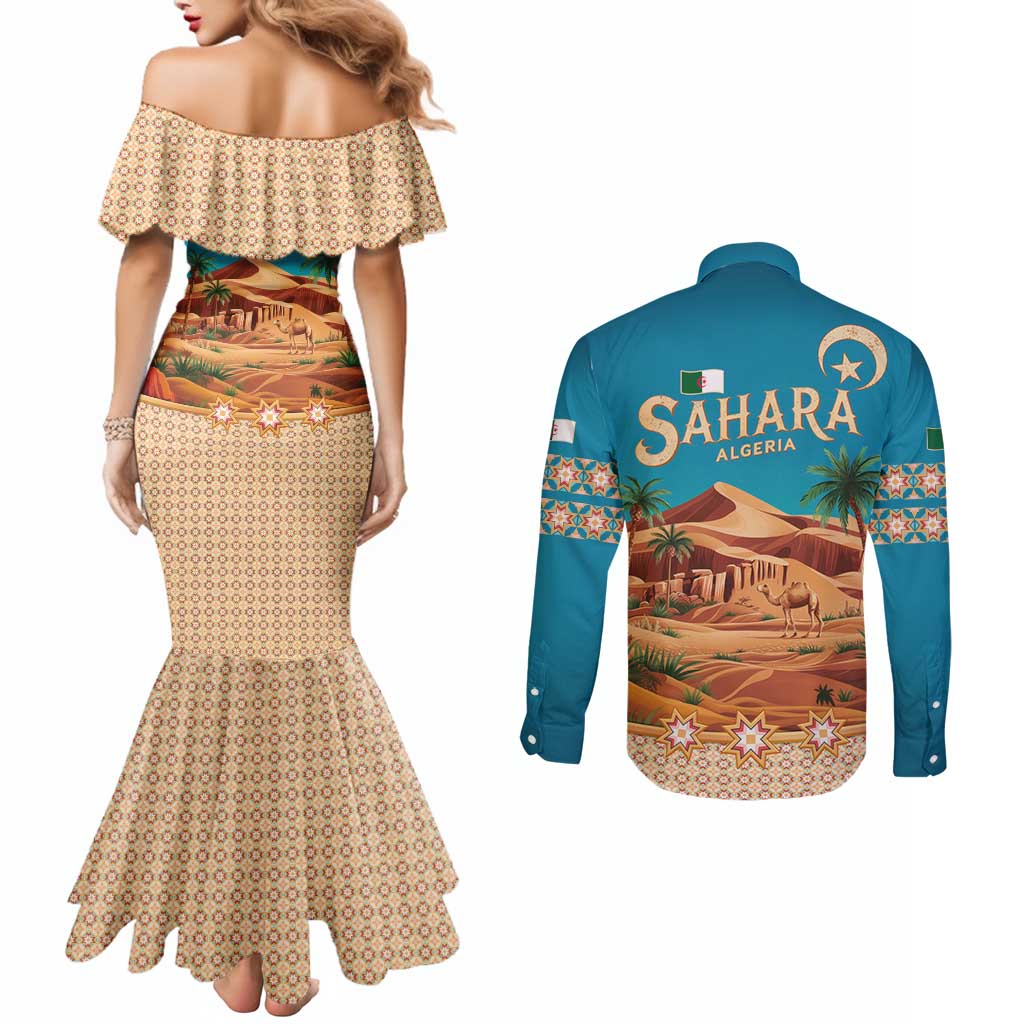 Sahara Algeria Couples Matching Mermaid Dress and Long Sleeve Button Shirt with Desert Camel Landscape and Islamic Motif Design