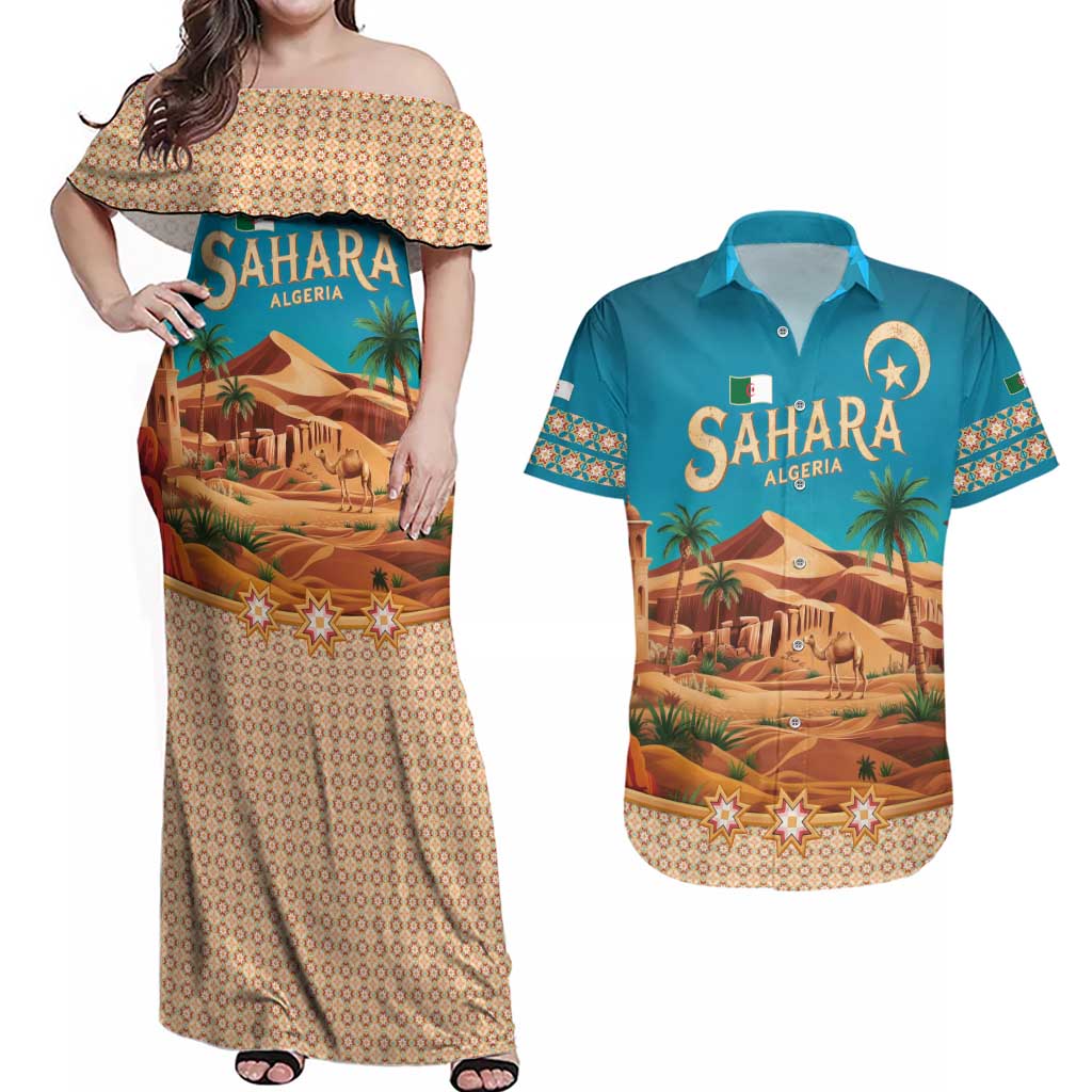 Sahara Algeria Couples Matching Off Shoulder Maxi Dress and Hawaiian Shirt with Desert Camel Landscape and Islamic Motif Design