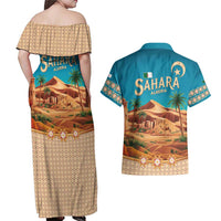Sahara Algeria Couples Matching Off Shoulder Maxi Dress and Hawaiian Shirt with Desert Camel Landscape and Islamic Motif Design