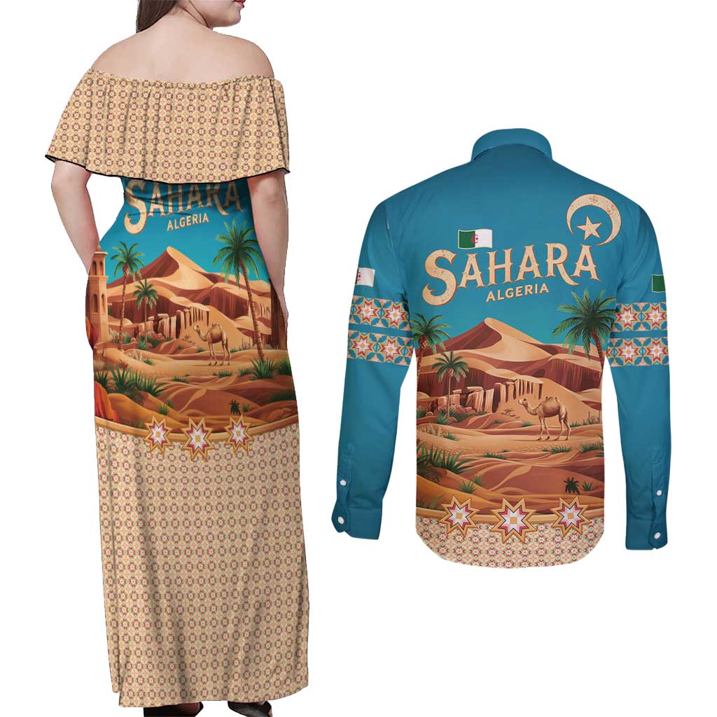 Sahara Algeria Couples Matching Off Shoulder Maxi Dress and Long Sleeve Button Shirt with Desert Camel Landscape and Islamic Motif Design