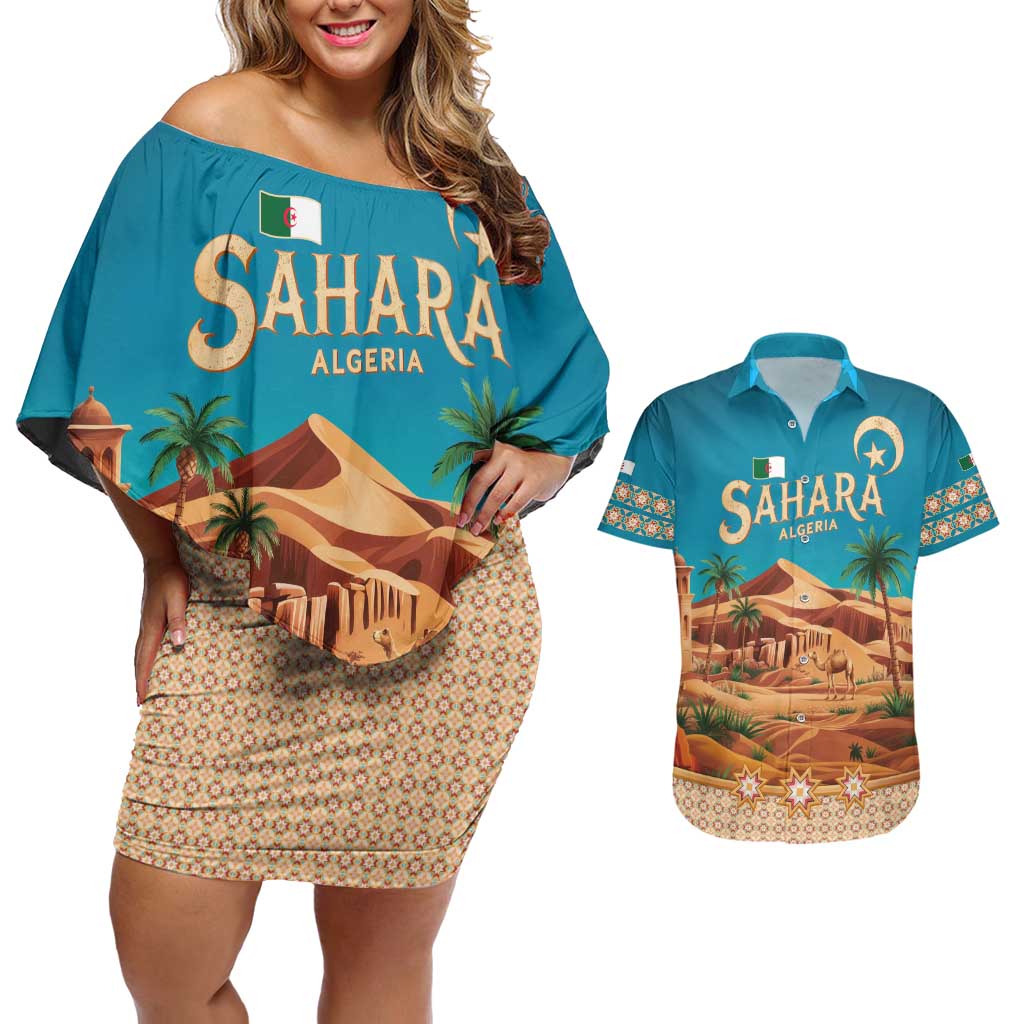 Sahara Algeria Couples Matching Off Shoulder Short Dress and Hawaiian Shirt with Desert Camel Landscape and Islamic Motif Design