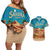 Sahara Algeria Couples Matching Off Shoulder Short Dress and Hawaiian Shirt with Desert Camel Landscape and Islamic Motif Design