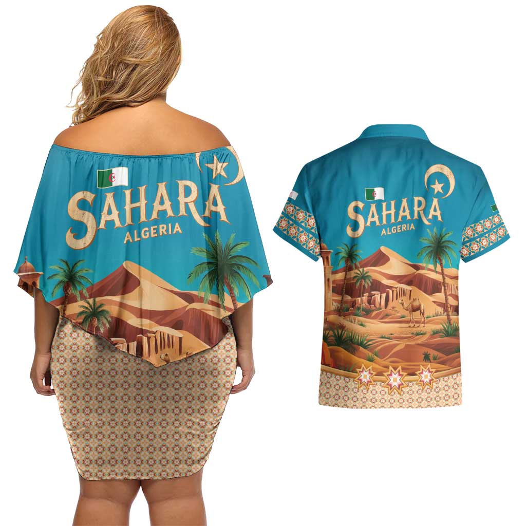 Sahara Algeria Couples Matching Off Shoulder Short Dress and Hawaiian Shirt with Desert Camel Landscape and Islamic Motif Design