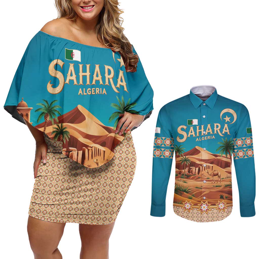 Sahara Algeria Couples Matching Off Shoulder Short Dress and Long Sleeve Button Shirt with Desert Camel Landscape and Islamic Motif Design