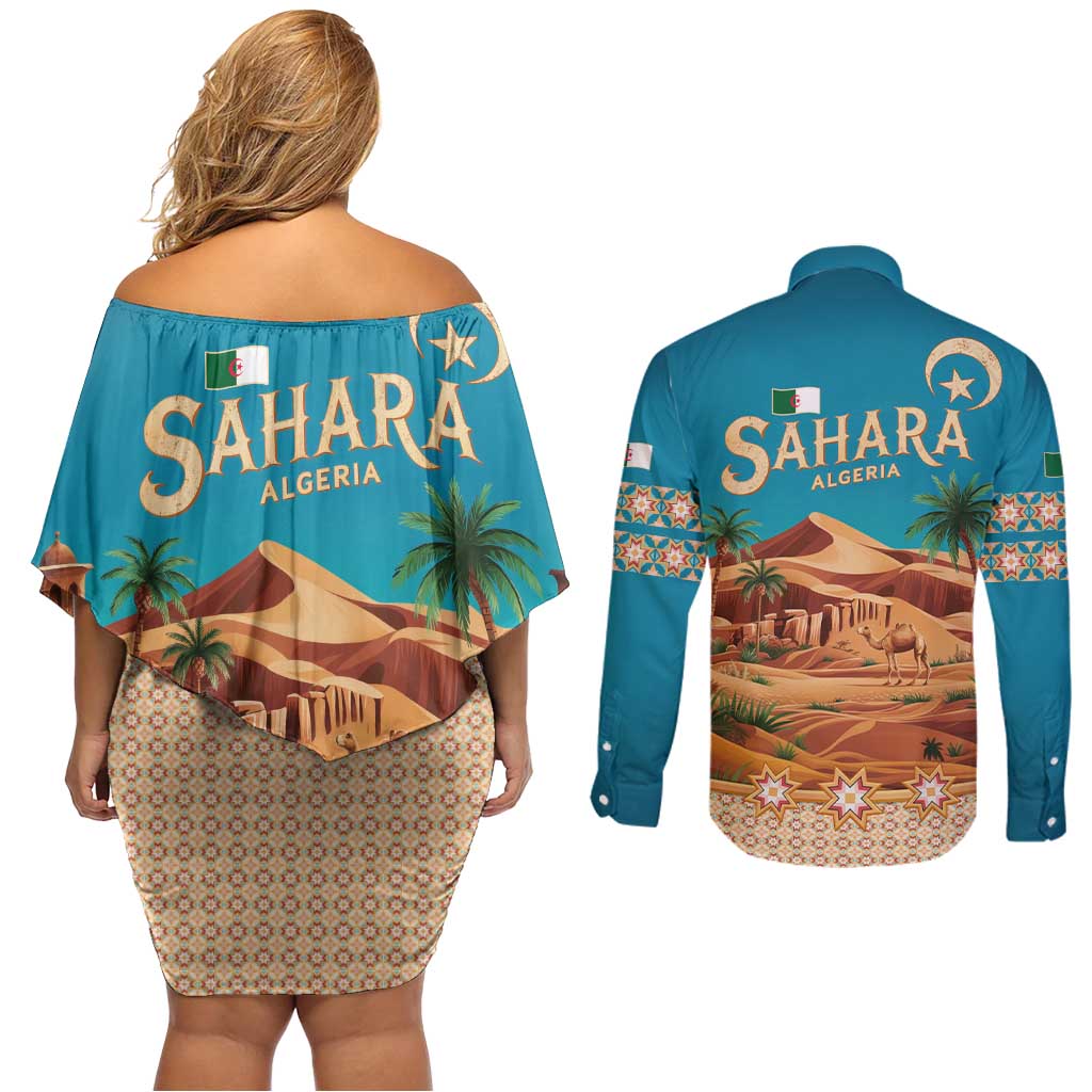 Sahara Algeria Couples Matching Off Shoulder Short Dress and Long Sleeve Button Shirt with Desert Camel Landscape and Islamic Motif Design