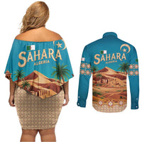 Sahara Algeria Couples Matching Off Shoulder Short Dress and Long Sleeve Button Shirt with Desert Camel Landscape and Islamic Motif Design