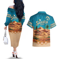Sahara Algeria Couples Matching Off The Shoulder Long Sleeve Dress and Hawaiian Shirt with Desert Camel Landscape and Islamic Motif Design