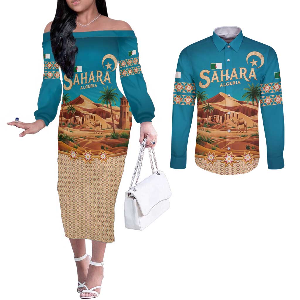 Sahara Algeria Couples Matching Off The Shoulder Long Sleeve Dress and Long Sleeve Button Shirt with Desert Camel Landscape and Islamic Motif Design
