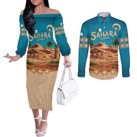 Sahara Algeria Couples Matching Off The Shoulder Long Sleeve Dress and Long Sleeve Button Shirt with Desert Camel Landscape and Islamic Motif Design