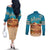 Sahara Algeria Couples Matching Off The Shoulder Long Sleeve Dress and Long Sleeve Button Shirt with Desert Camel Landscape and Islamic Motif Design