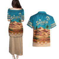 Sahara Algeria Couples Matching Puletasi and Hawaiian Shirt with Desert Camel Landscape and Islamic Motif Design