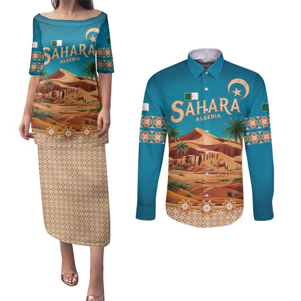 Sahara Algeria Couples Matching Puletasi and Long Sleeve Button Shirt with Desert Camel Landscape and Islamic Motif Design