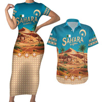Sahara Algeria Couples Matching Short Sleeve Bodycon Dress and Hawaiian Shirt with Desert Camel Landscape and Islamic Motif Design