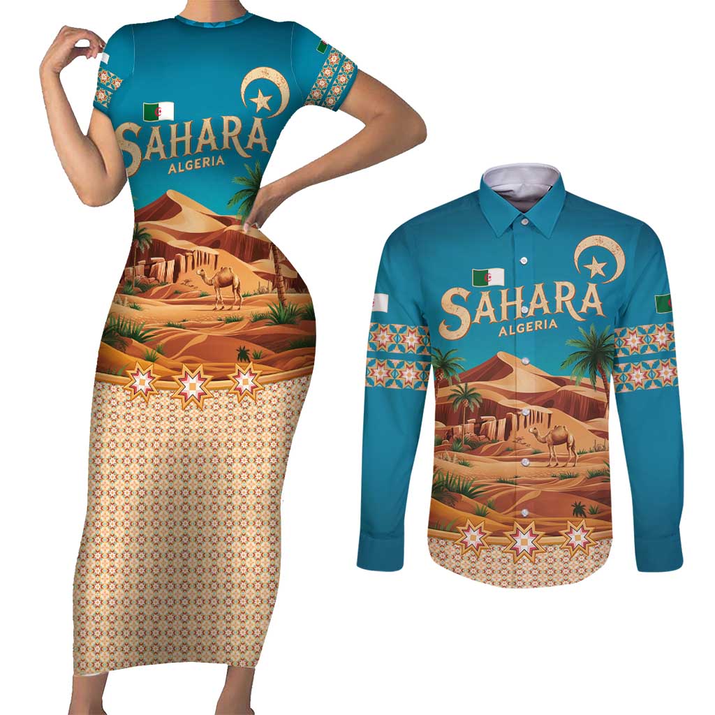 Sahara Algeria Couples Matching Short Sleeve Bodycon Dress and Long Sleeve Button Shirt with Desert Camel Landscape and Islamic Motif Design