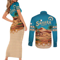 Sahara Algeria Couples Matching Short Sleeve Bodycon Dress and Long Sleeve Button Shirt with Desert Camel Landscape and Islamic Motif Design