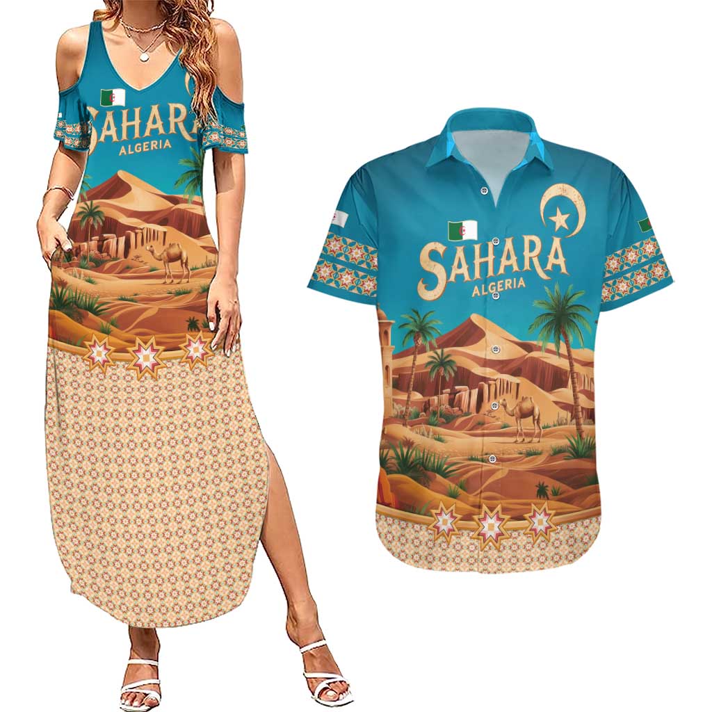 Sahara Algeria Couples Matching Summer Maxi Dress and Hawaiian Shirt with Desert Camel Landscape and Islamic Motif Design