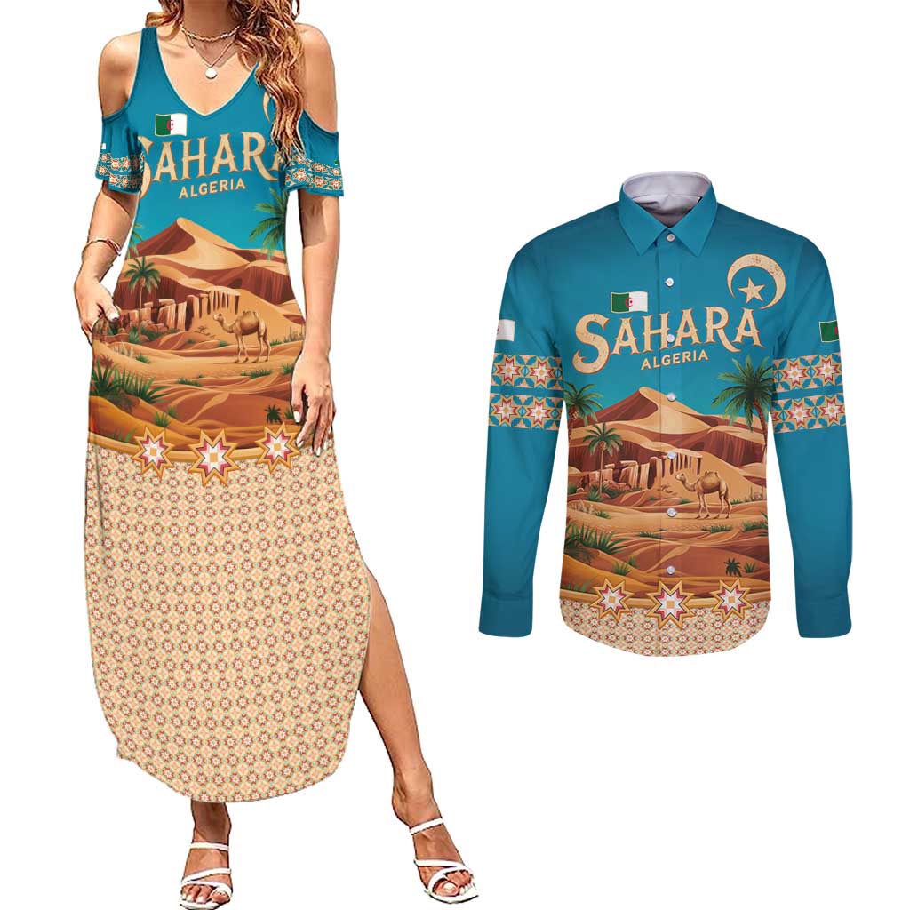 Sahara Algeria Couples Matching Summer Maxi Dress and Long Sleeve Button Shirt with Desert Camel Landscape and Islamic Motif Design