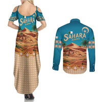 Sahara Algeria Couples Matching Summer Maxi Dress and Long Sleeve Button Shirt with Desert Camel Landscape and Islamic Motif Design