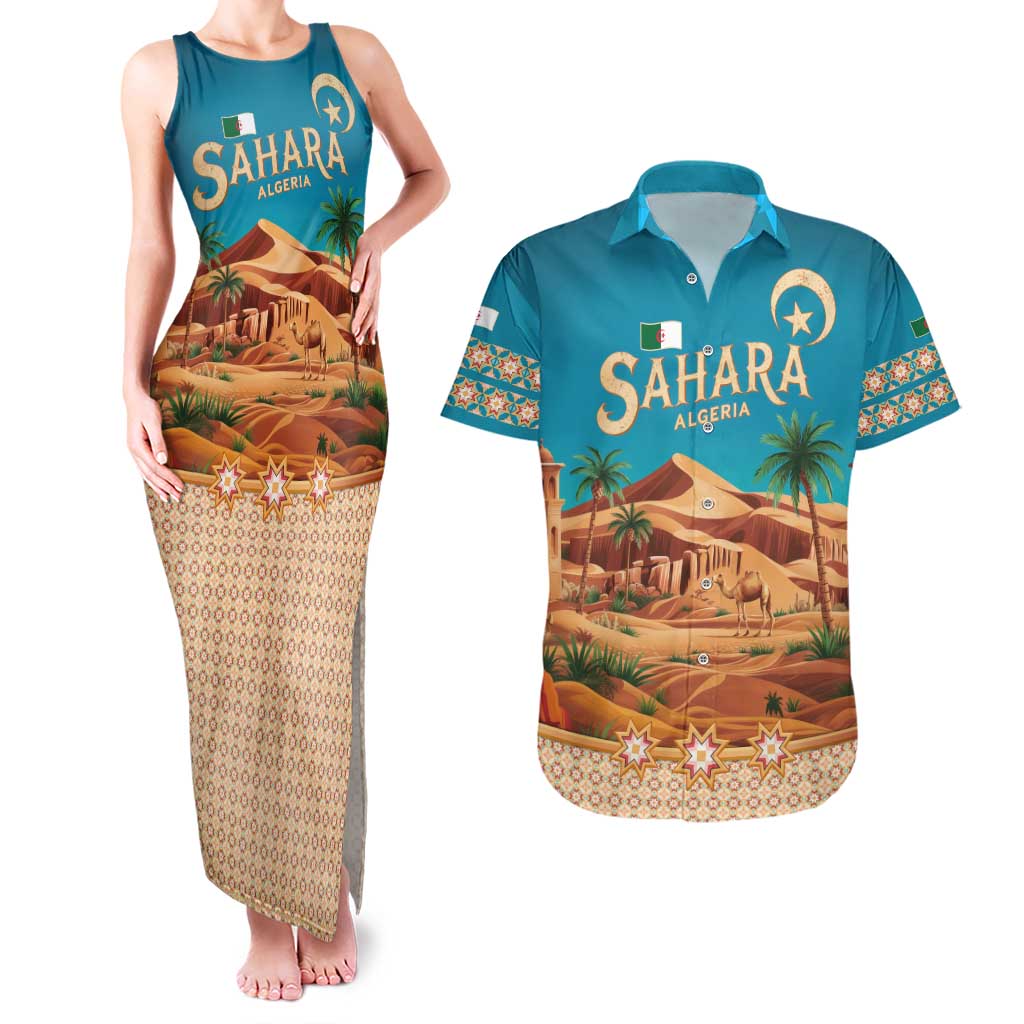 Sahara Algeria Couples Matching Tank Maxi Dress and Hawaiian Shirt with Desert Camel Landscape and Islamic Motif Design