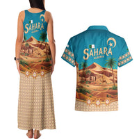 Sahara Algeria Couples Matching Tank Maxi Dress and Hawaiian Shirt with Desert Camel Landscape and Islamic Motif Design