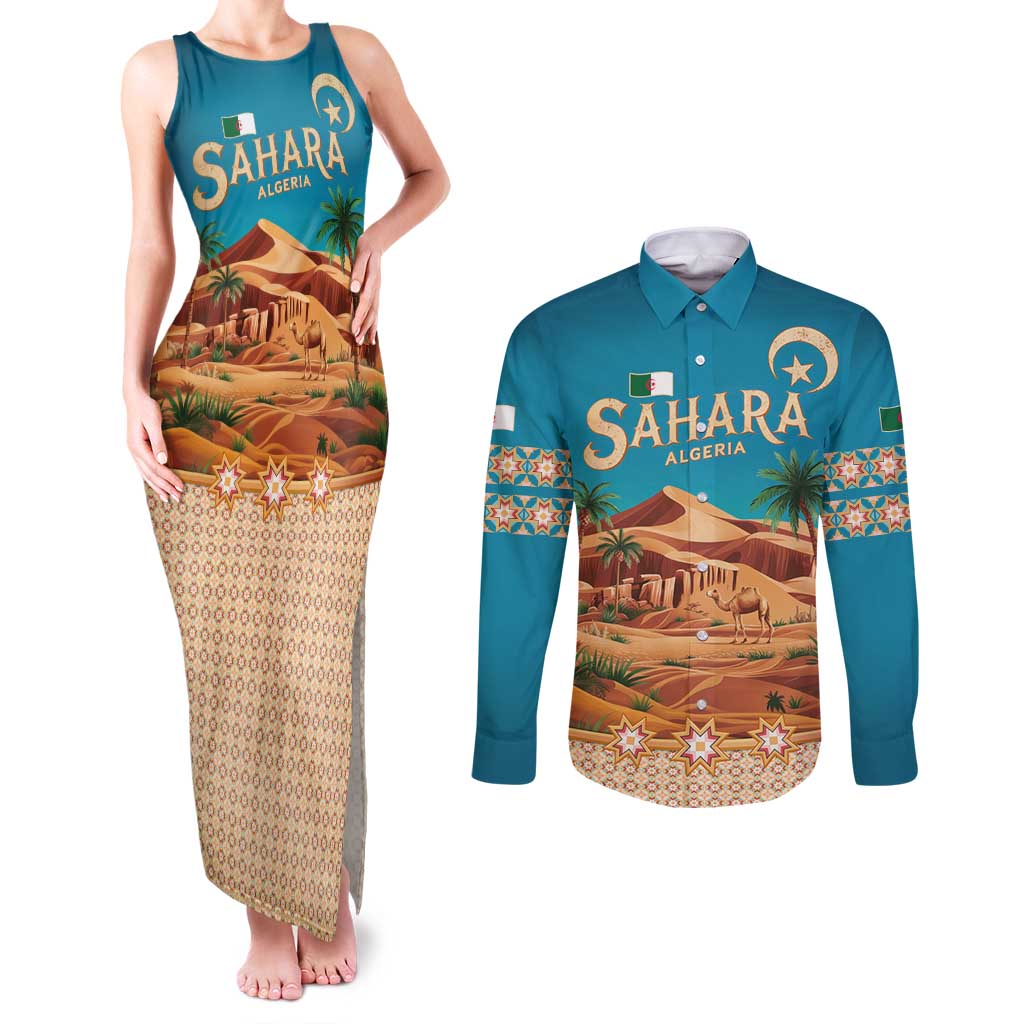 Sahara Algeria Couples Matching Tank Maxi Dress and Long Sleeve Button Shirt with Desert Camel Landscape and Islamic Motif Design