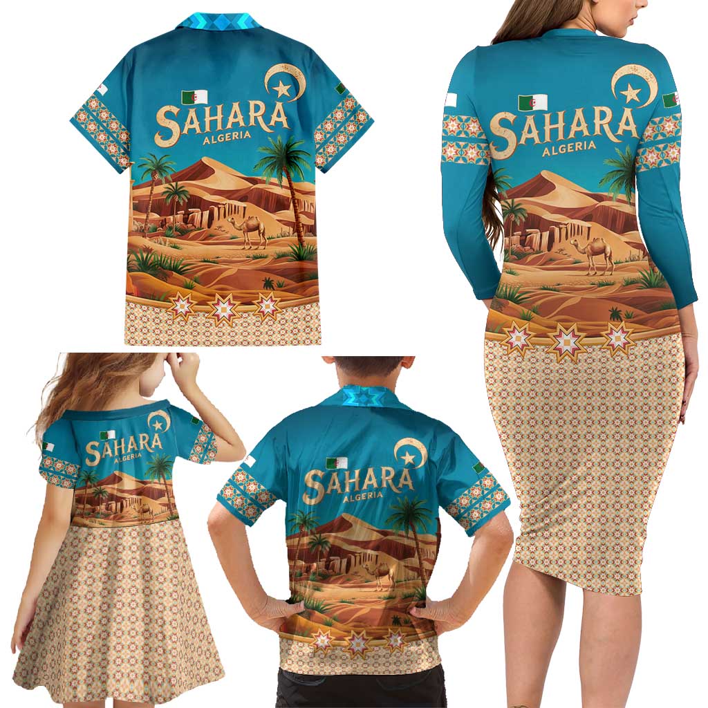 Sahara Algeria Family Matching Long Sleeve Bodycon Dress and Hawaiian Shirt with Desert Camel Landscape and Islamic Motif Design