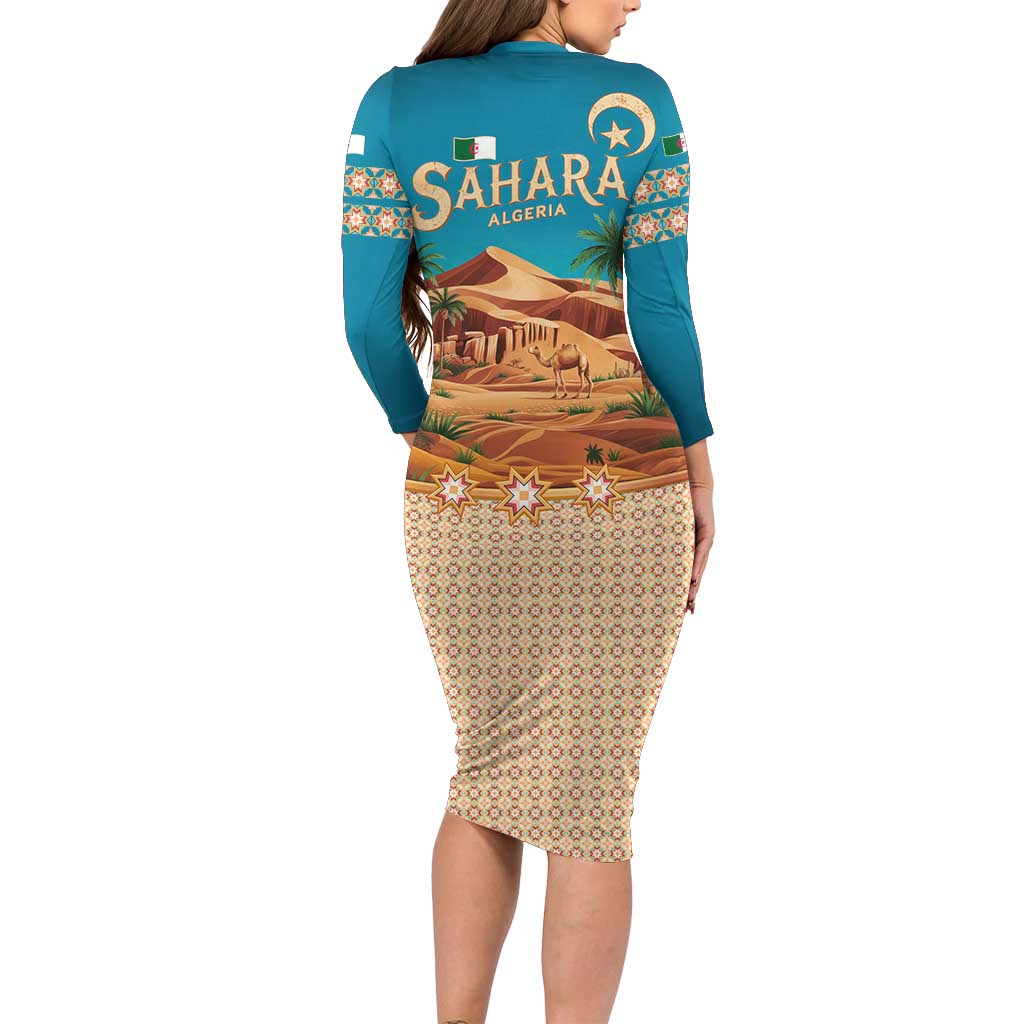 Sahara Algeria Family Matching Long Sleeve Bodycon Dress and Hawaiian Shirt with Desert Camel Landscape and Islamic Motif Design