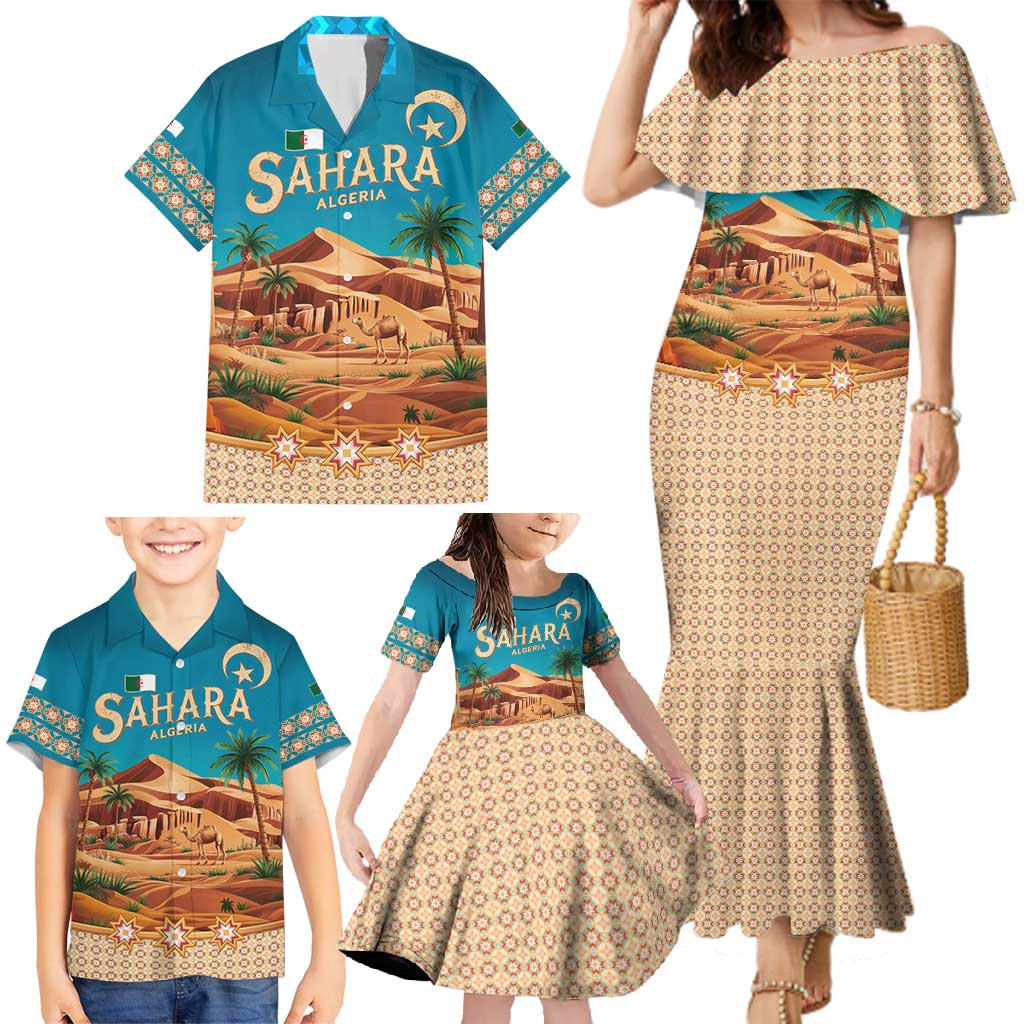Sahara Algeria Family Matching Mermaid Dress and Hawaiian Shirt with Desert Camel Landscape and Islamic Motif Design