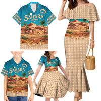 Sahara Algeria Family Matching Mermaid Dress and Hawaiian Shirt with Desert Camel Landscape and Islamic Motif Design