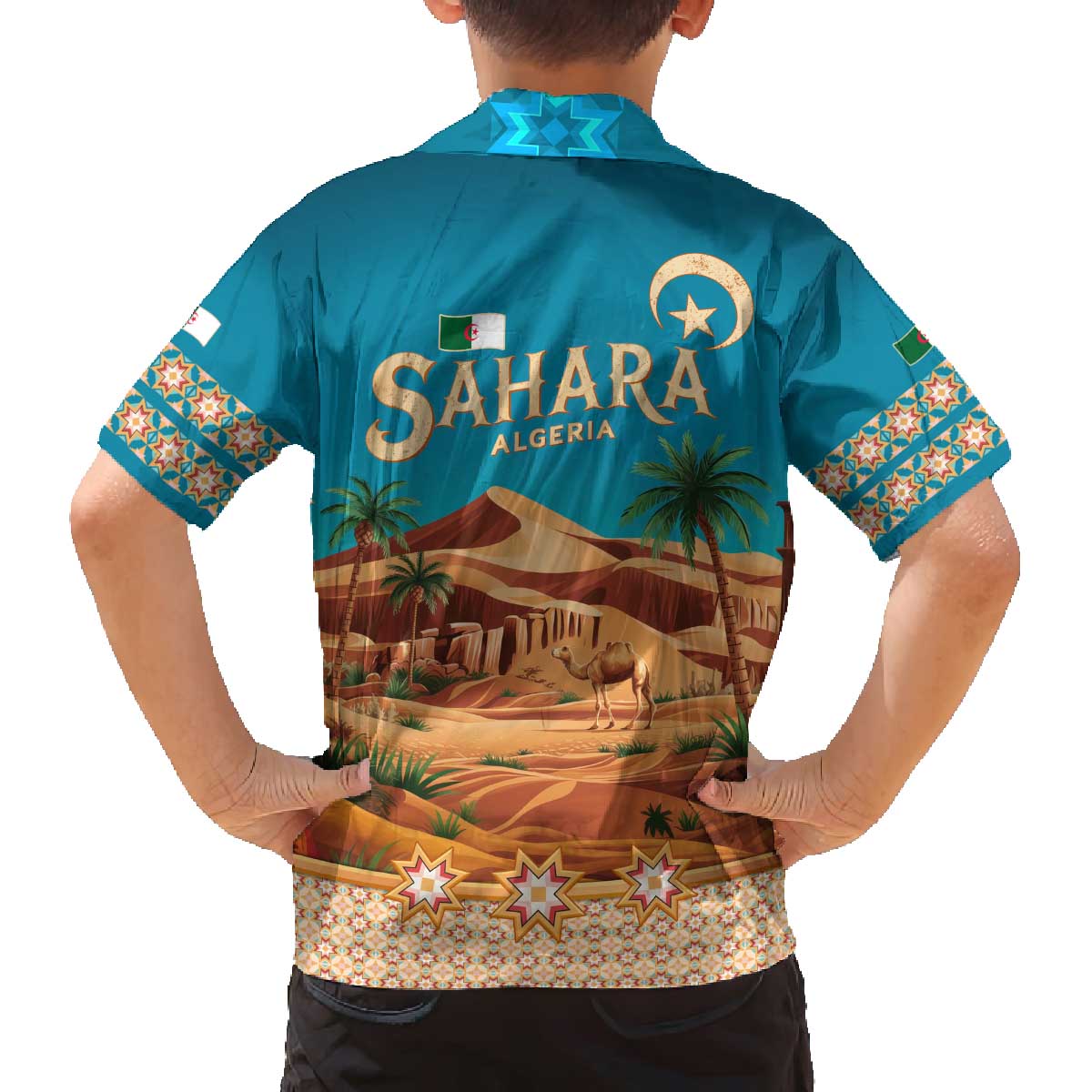 Sahara Algeria Family Matching Off The Shoulder Long Sleeve Dress and Hawaiian Shirt with Desert Camel Landscape and Islamic Motif Design