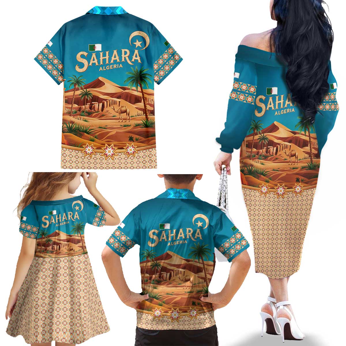 Sahara Algeria Family Matching Off The Shoulder Long Sleeve Dress and Hawaiian Shirt with Desert Camel Landscape and Islamic Motif Design