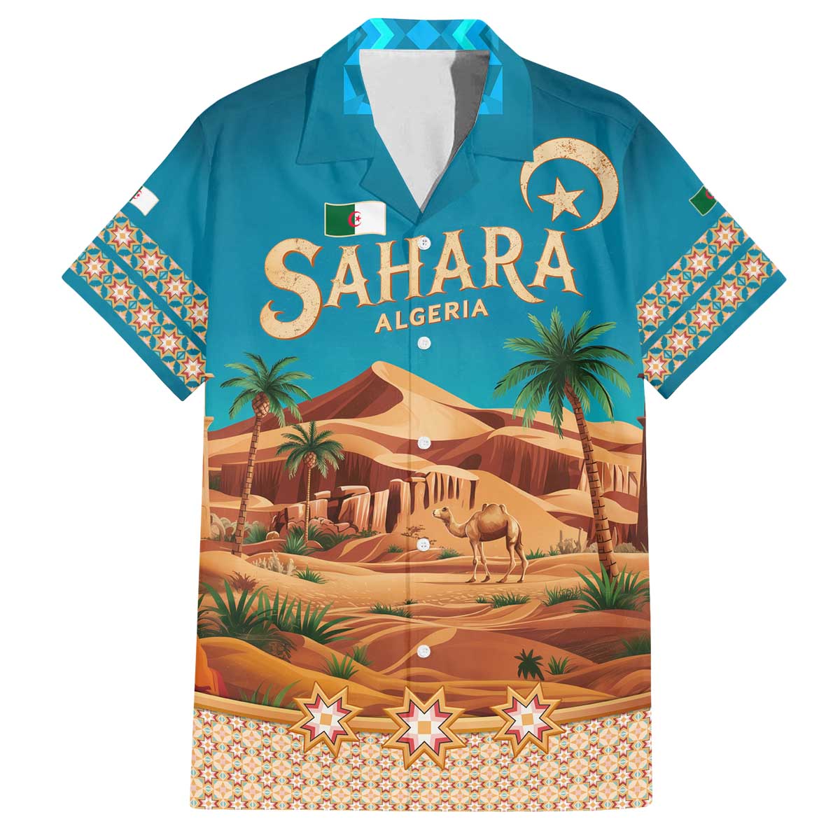 Sahara Algeria Family Matching Off The Shoulder Long Sleeve Dress and Hawaiian Shirt with Desert Camel Landscape and Islamic Motif Design